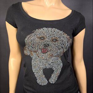 Y2k Rhinestone T Shirt Little Dog Puppy Black Short Sleeve Size S Cap Sleeve